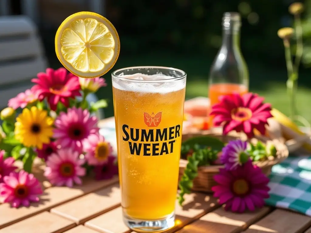 A chilled glass of Summer Wheat Beer on a sunny patio table with flowers.