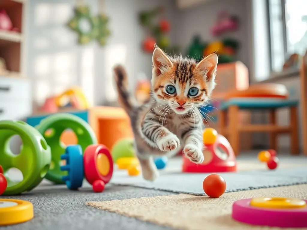 A playful kitten enjoying interactive toys in a safe play area.