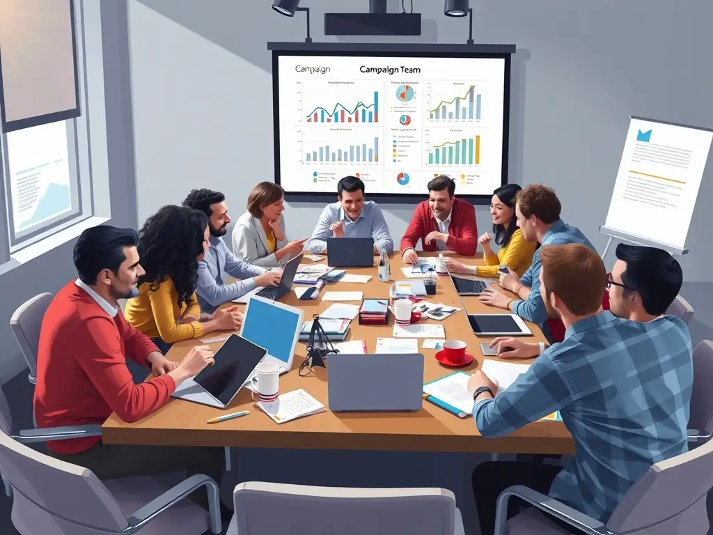 A campaign team strategizing around a table with campaign materials.
