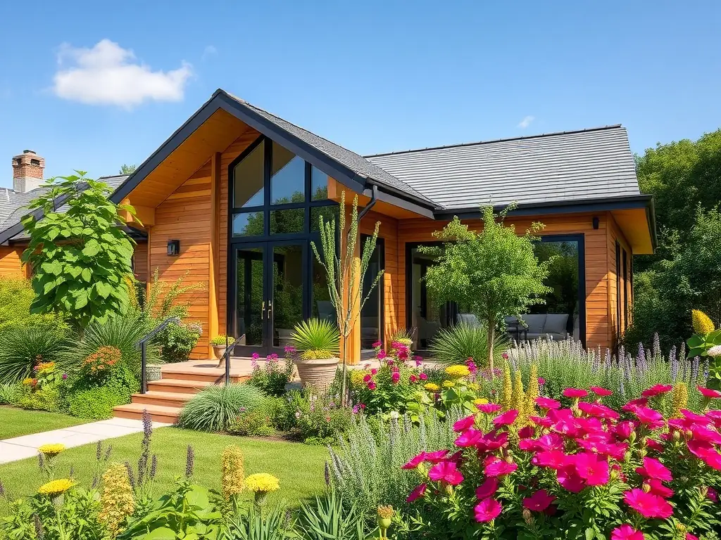 A sustainable home surrounded by greenery.