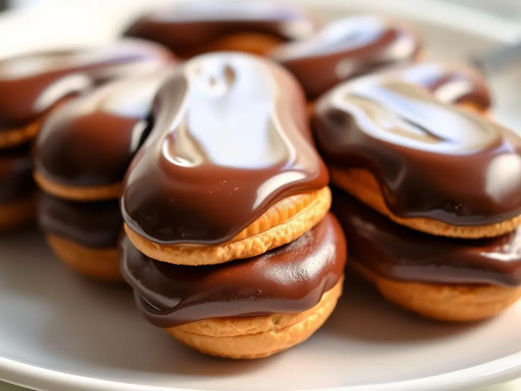 An elegant display of chocolate éclairs with a glossy chocolate glaze.
