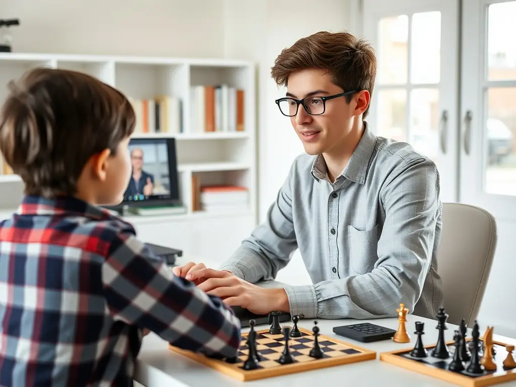 A chess coach conducting an online lesson via video call.