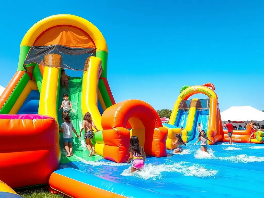 Children navigating through a colorful inflatable water obstacle course at a sunny outdoor event.