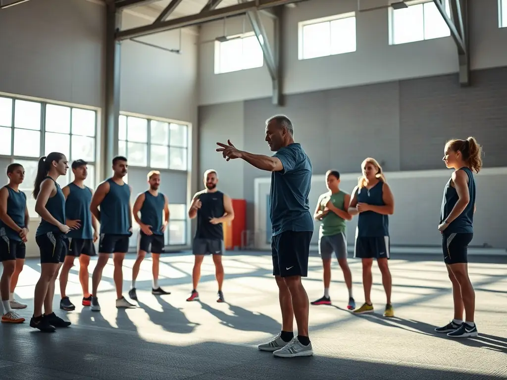 A coach guiding athletes during a training session at SportSphere.
