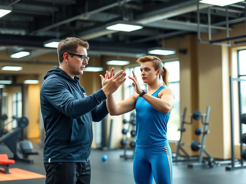 A coach training an athlete in a modern gym setting.
