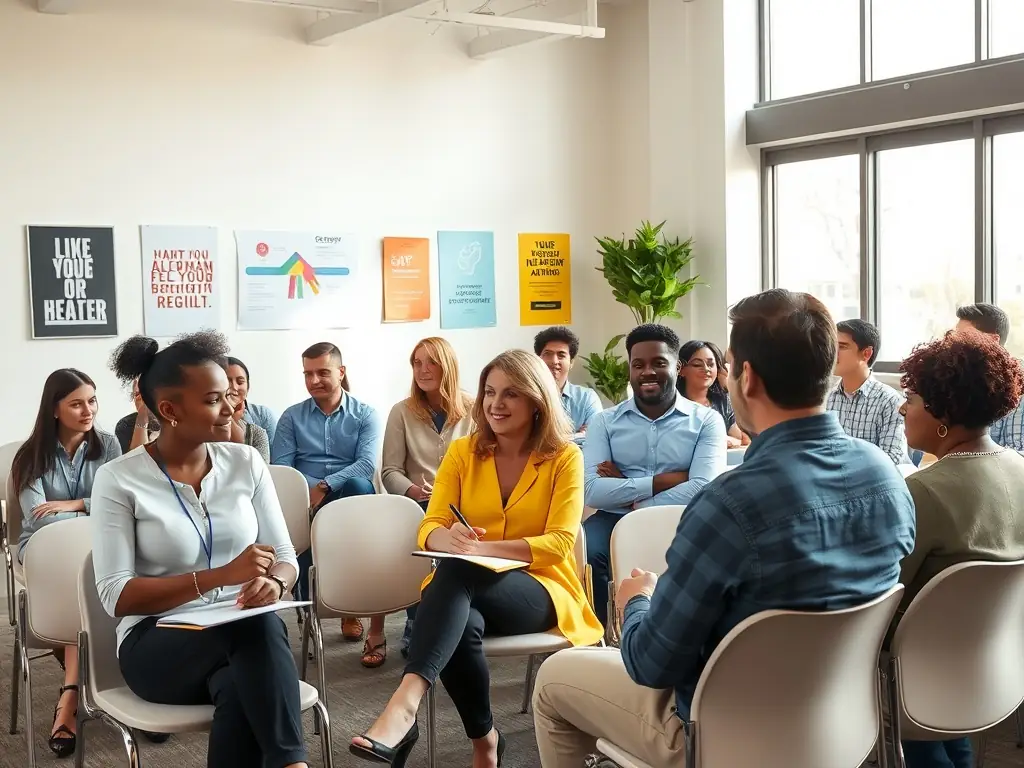 A diverse group of individuals participating in a personal development seminar.