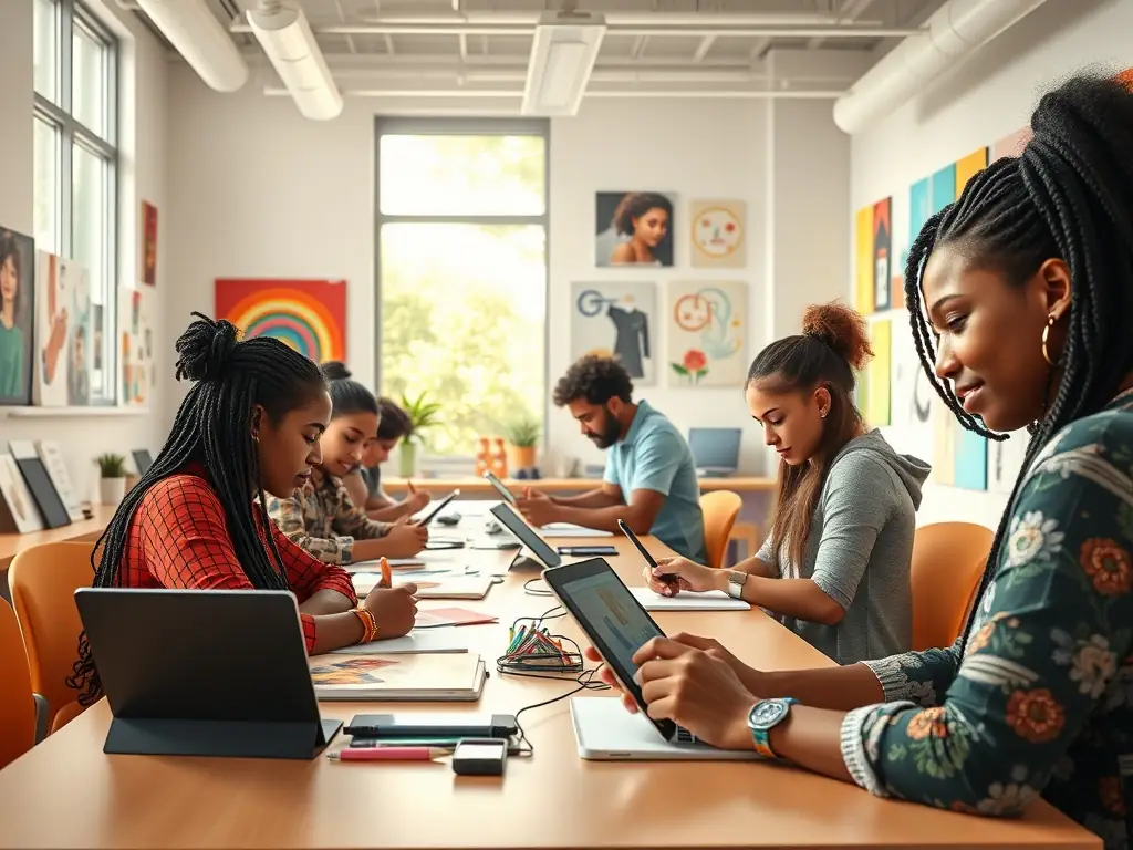 Students engaged in a graphic design class at TechSavvy Academy, working on digital art projects.