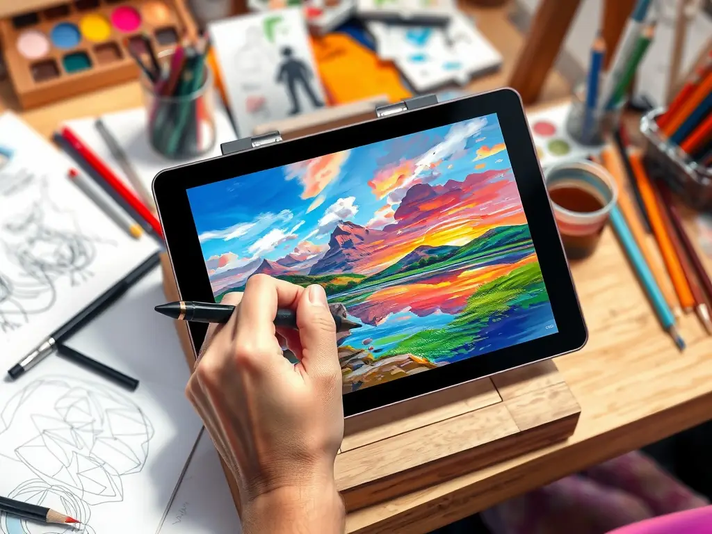 A digital painting in progress on a tablet, showcasing vibrant colors and creativity.