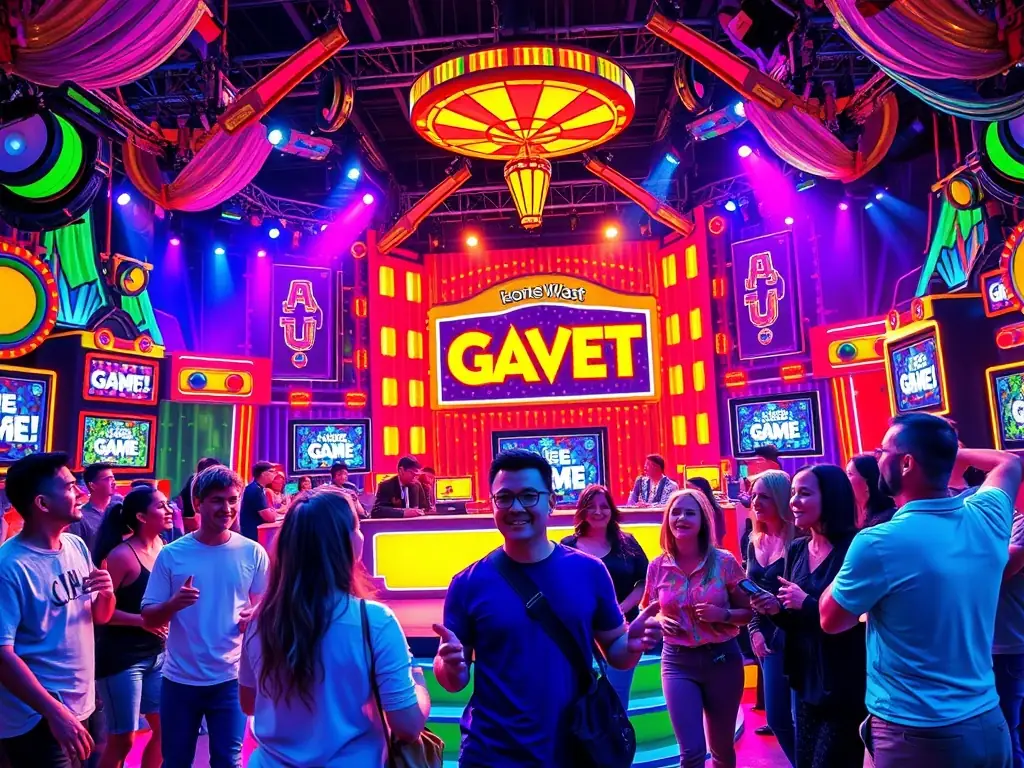 A vibrant custom game show set with enthusiastic participants, showcasing GameQuest's tailored experiences.