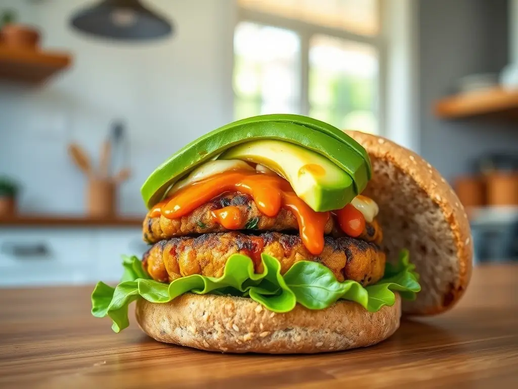 A vibrant vegan burger with chickpea patty in a kitchen.