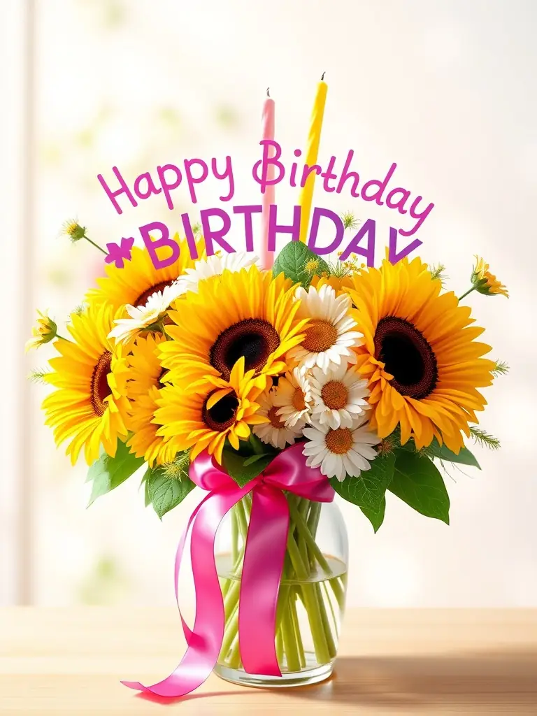 A cheerful birthday arrangement with sunflowers and daisies.