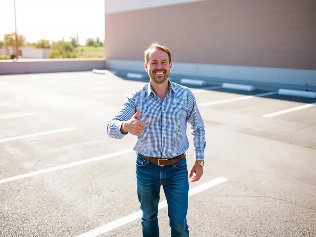 Happy client in a newly constructed parking lot.