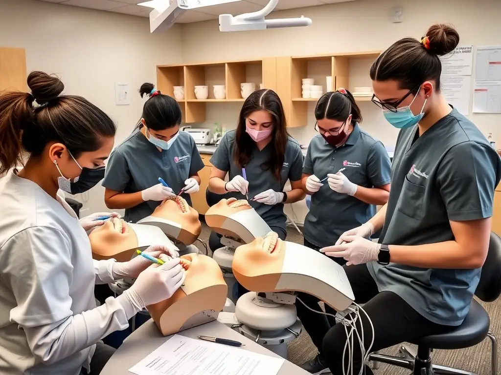 Dental students practicing on mannequins in a classroom.