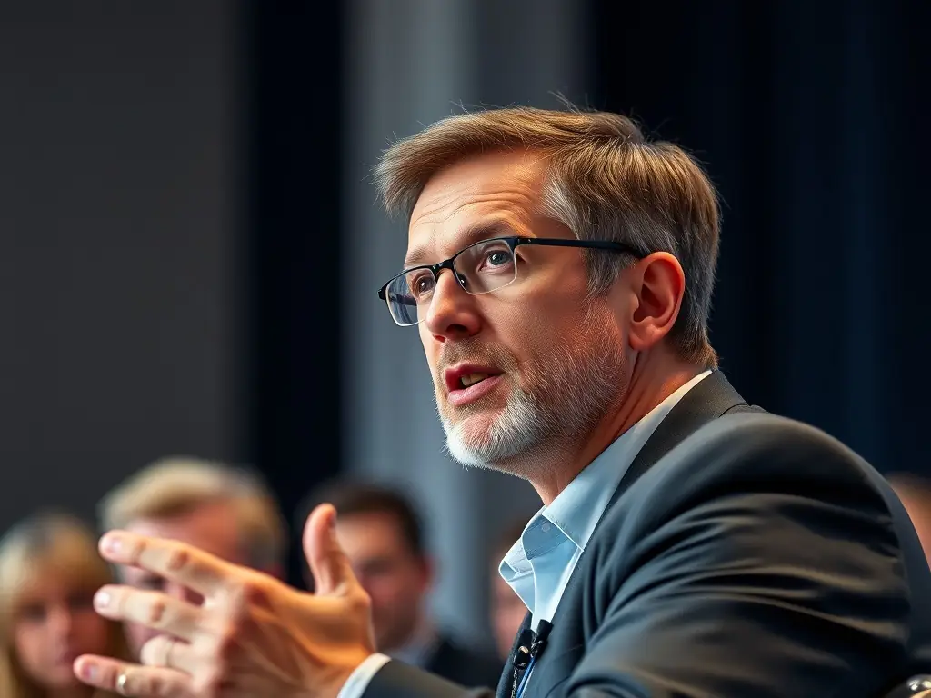 A renowned cryptocurrency expert speaking at a conference.