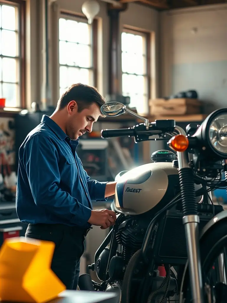 A mechanic conducting a routine maintenance check on a motorcycle in a bright workshop.