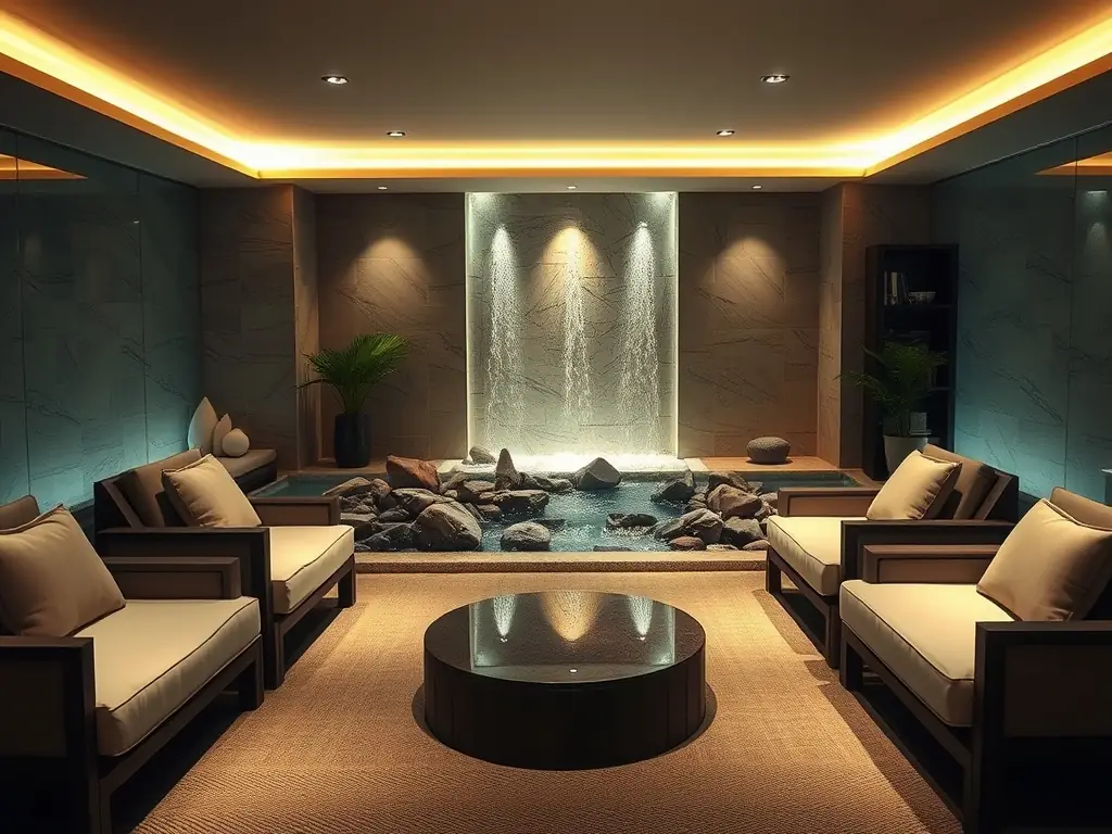 Luxurious spa lounge with ambient lighting and water feature.