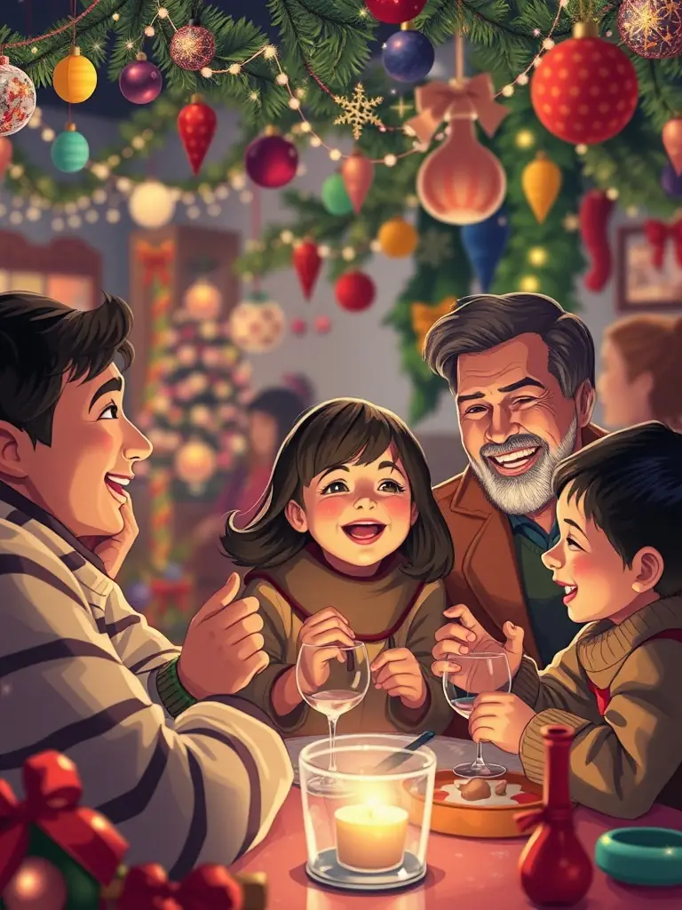 A family enjoying a festive holiday event, surrounded by decorations and lights.