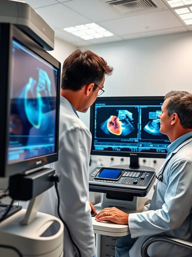 Cardiologist analyzing heart images on an echocardiogram machine.