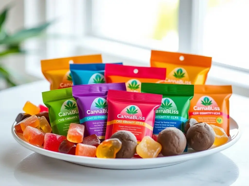 A colorful assortment of CannaBliss CBD edibles on a plate.