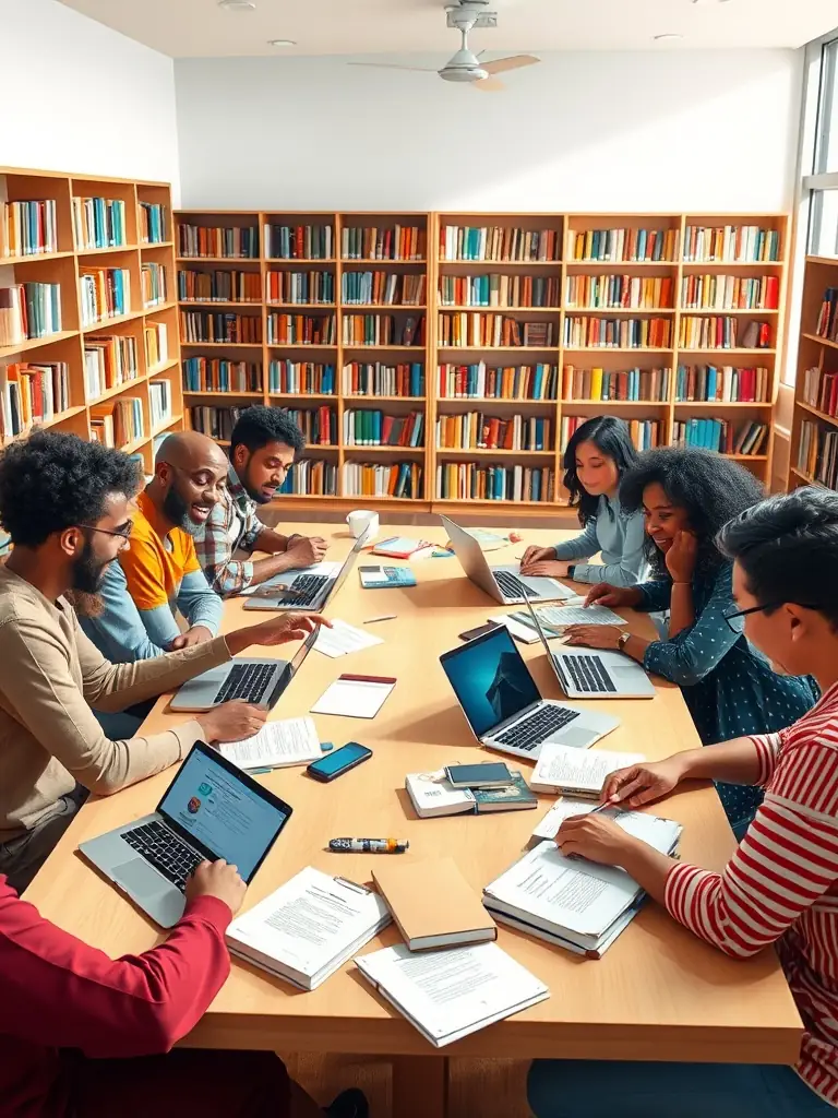 A diverse group collaborating on a project with laptops and books in a bright workshop setting.