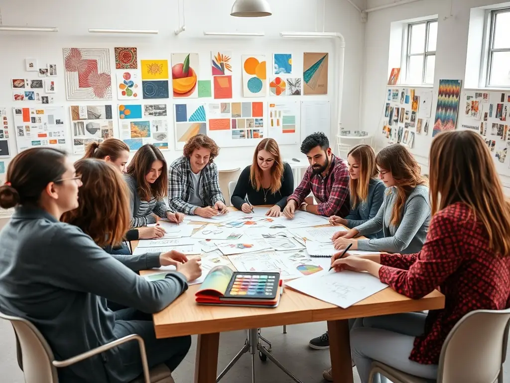 A team of designers collaborating in a bright studio, surrounded by design samples and mood boards.