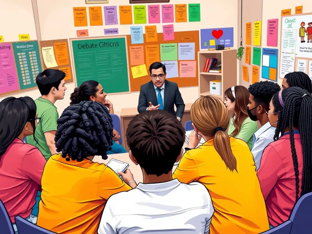 Participants in a debate workshop with a coach guiding them.