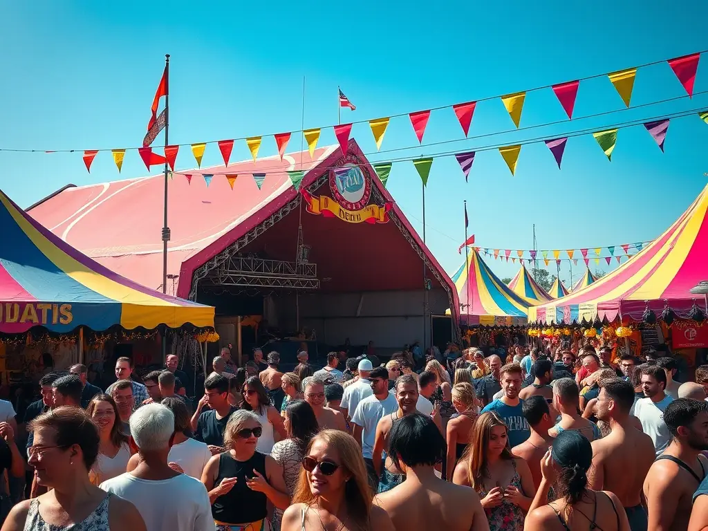 A lively festival scene with colorful tents and happy attendees enjoying live music.