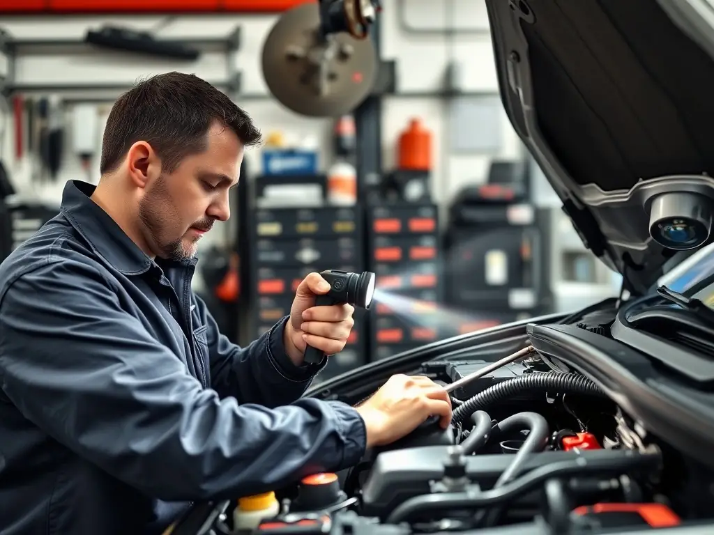 A mechanic inspecting a car's engine during a vehicle inspection.