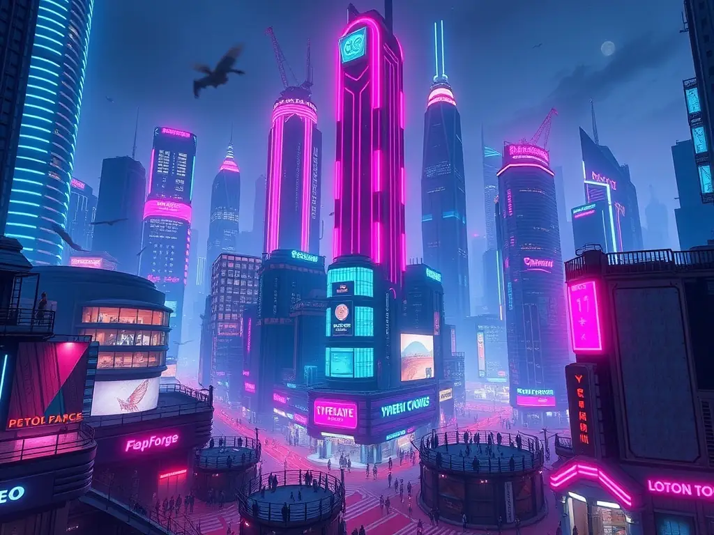 A futuristic cityscape with neon lights for a cyberpunk-themed game.
