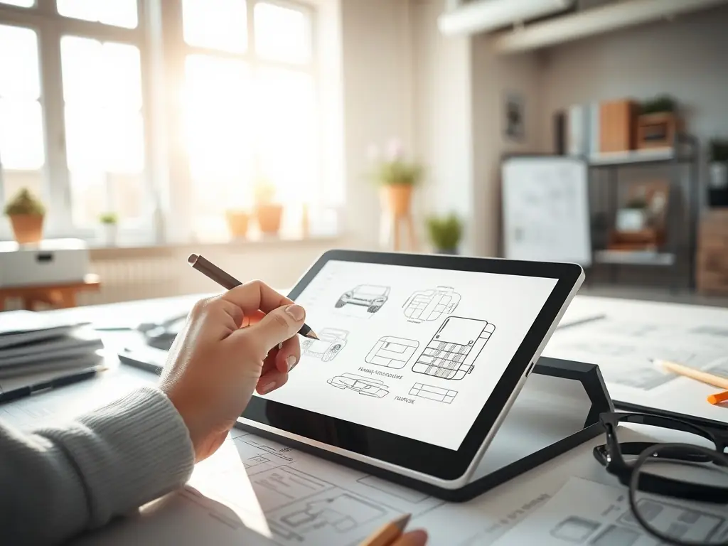 A designer sketching a product concept on a digital tablet.
