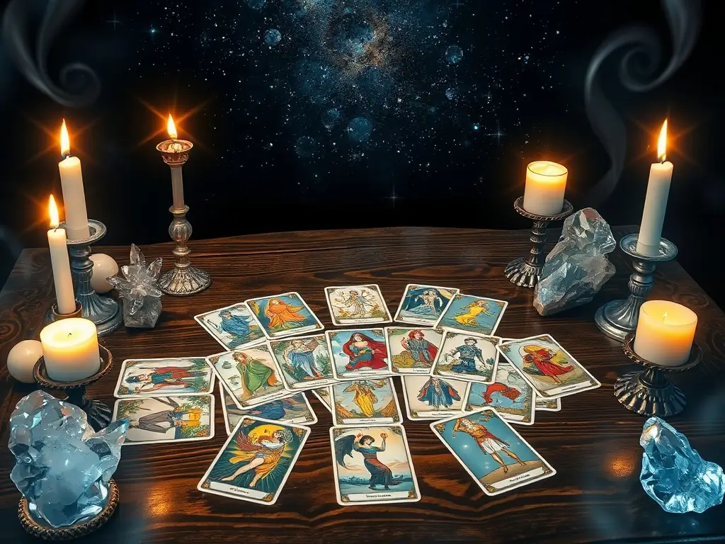A mystical arrangement of tarot cards on a table, surrounded by candles and crystals.