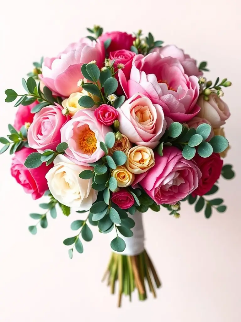A vibrant wedding bouquet with peonies, roses, and eucalyptus.