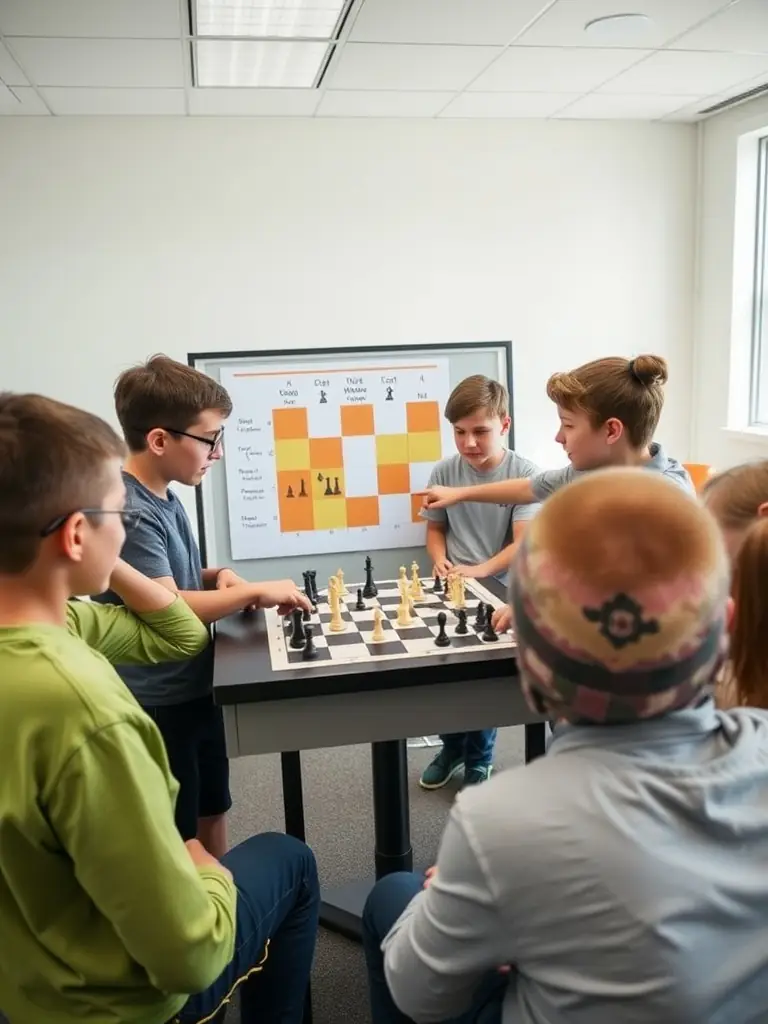 A group of intermediate players analyzing a chess game on a large demonstration board.