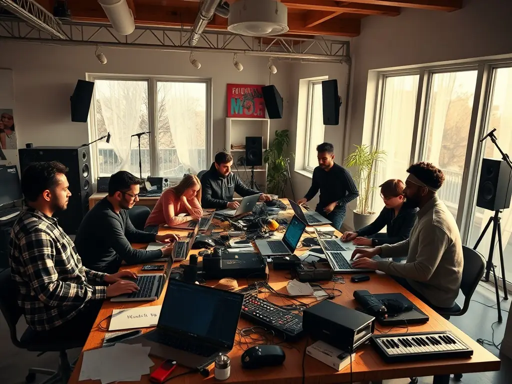 A vibrant community of music producers collaborating in a studio.