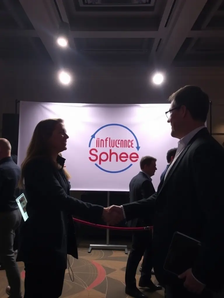Influencer and brand representative shaking hands at a networking event.