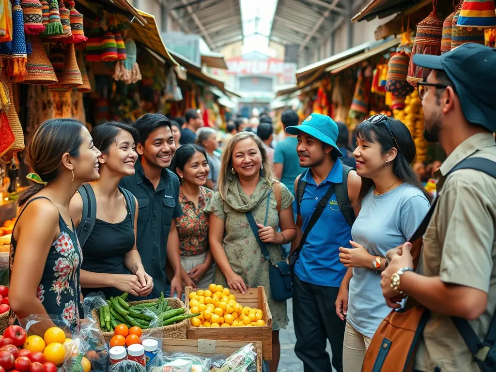 Travelers enjoying a guided tour in a bustling city.