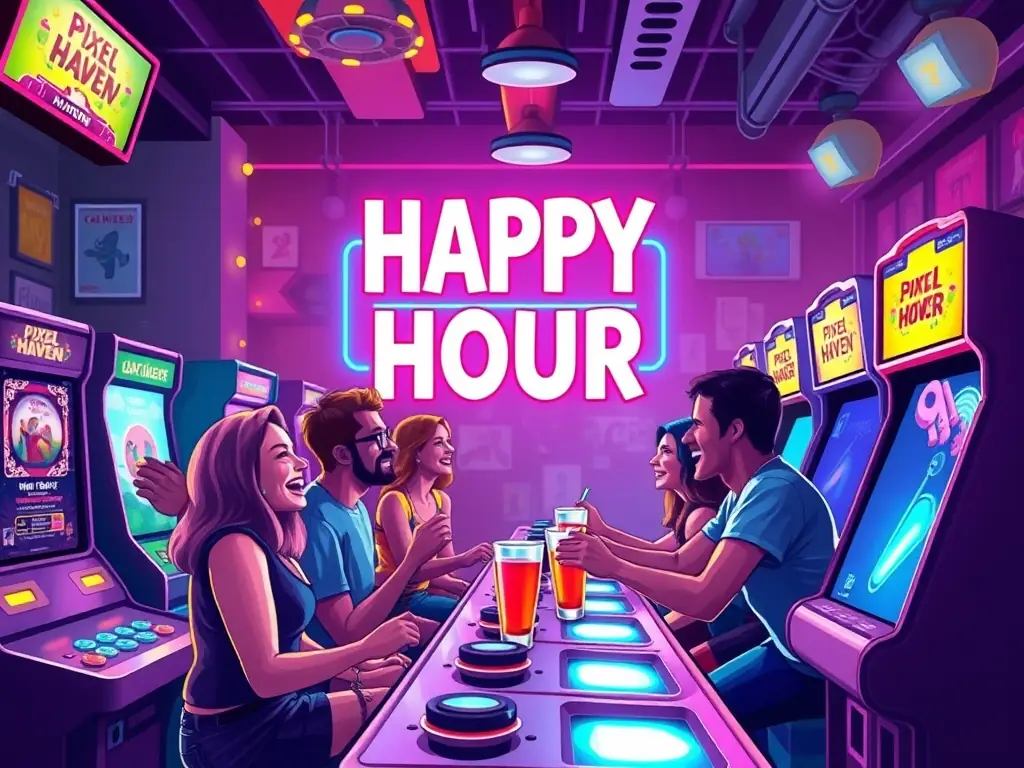 Friends enjoying arcade games during Happy Hour at Pixel Haven.