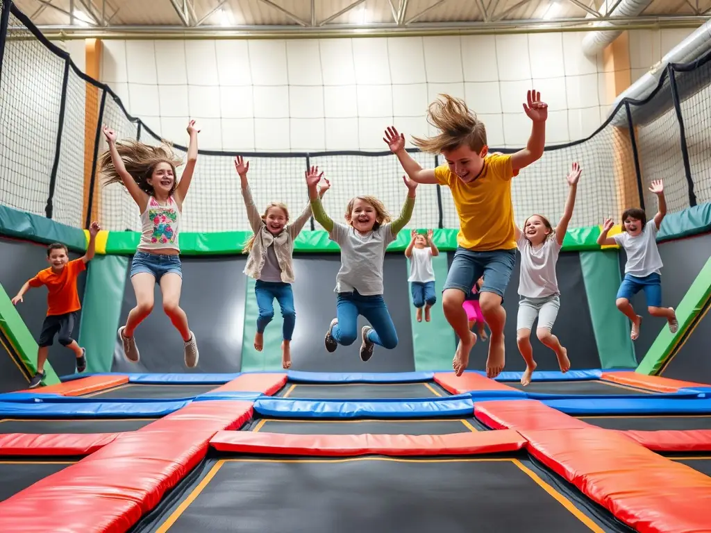 Kids and adults jumping on trampolines in a vibrant trampoline park.