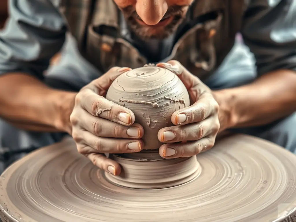 Close-up of a sculptor's hands shaping clay.