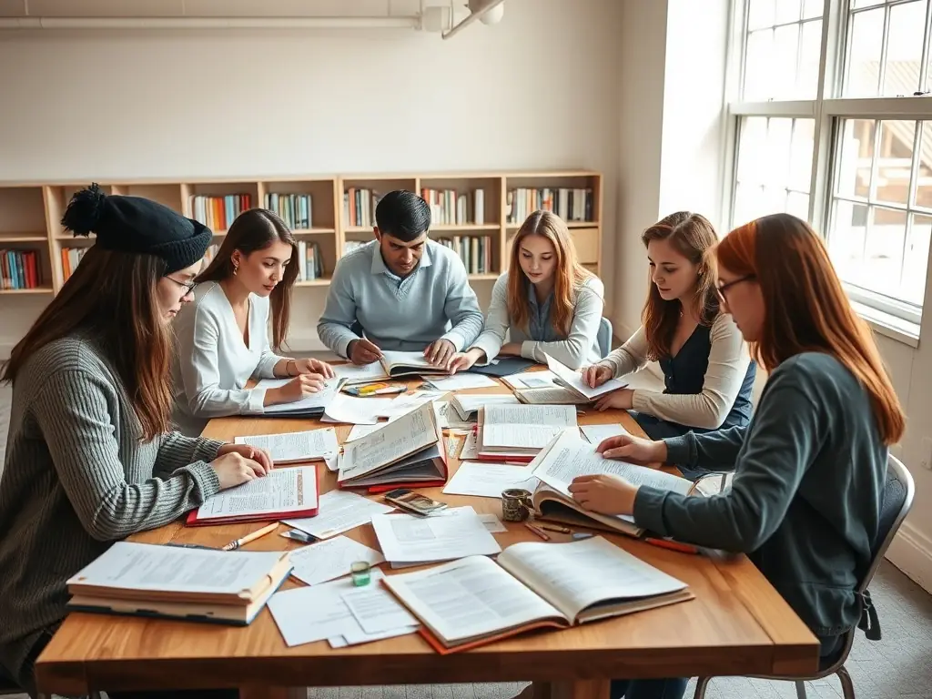 Scholars collaborating on a research project surrounded by books and notes.