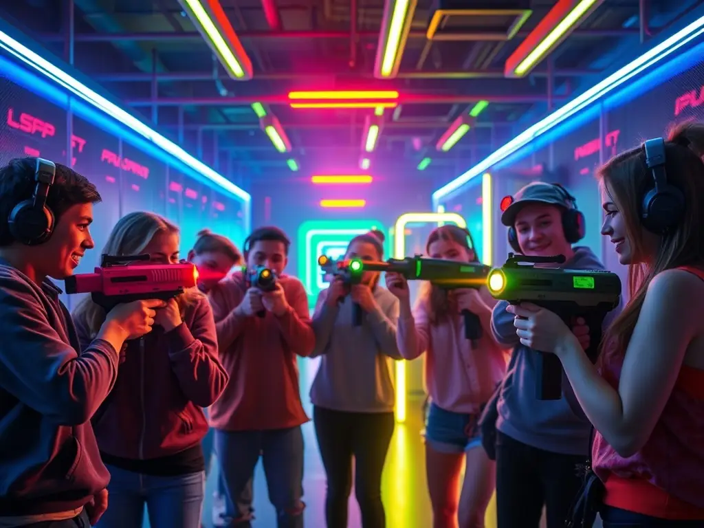 Friends playing laser tag in a neon-lit arena.