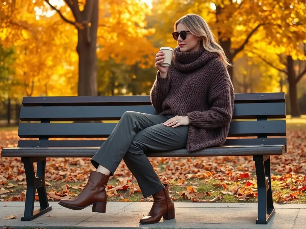 A cozy fall outfit displayed in a park surrounded by autumn leaves.