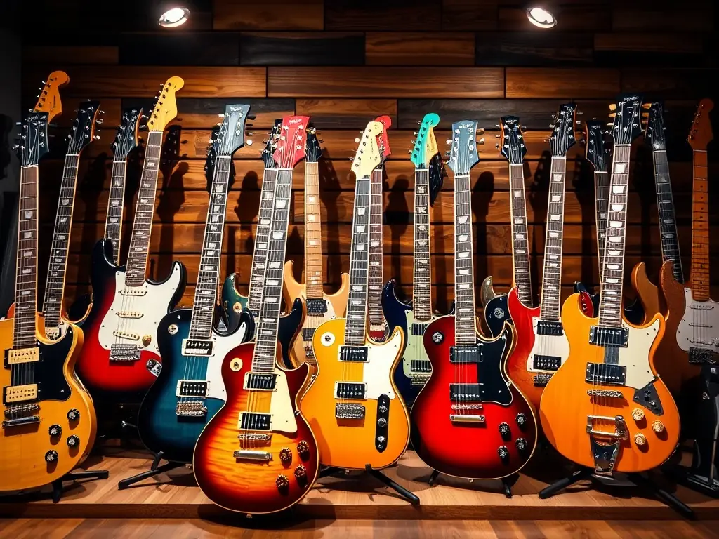 A vibrant arrangement of electric, acoustic, and bass guitars on a wooden stage, illuminated by soft lighting.