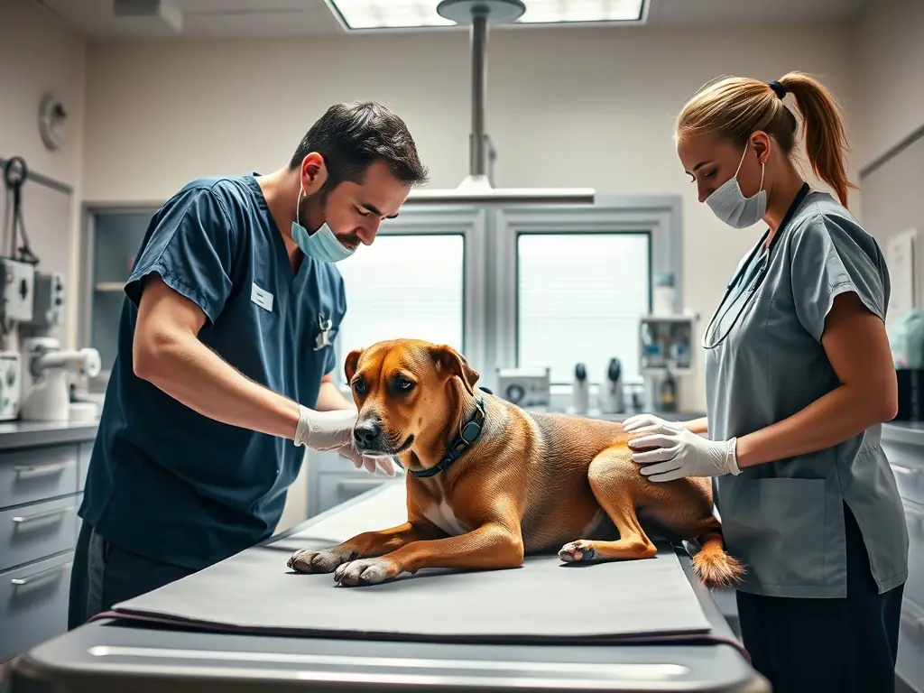 Emergency care team attending to a dog in a veterinary clinic.
