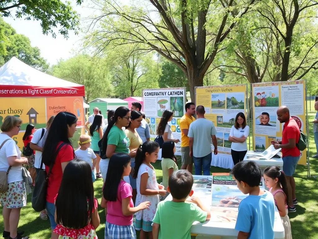 Families participating in educational activities at a community conservation event.
