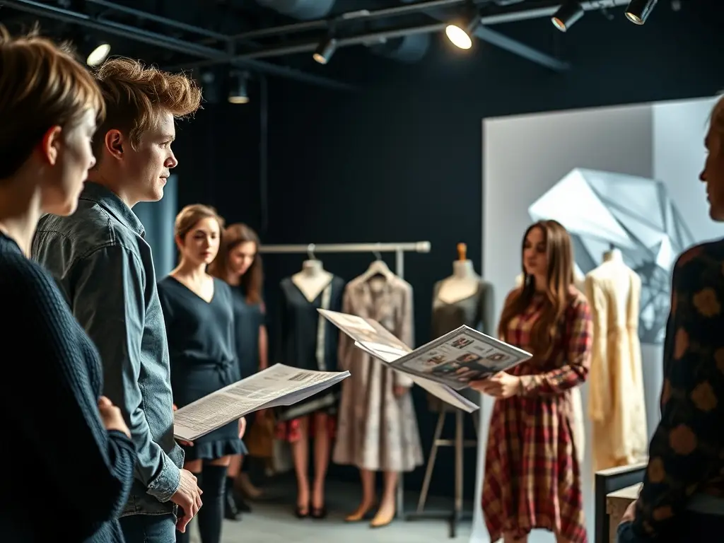 A young designer presenting their fashion portfolio to peers at StyleQuest camp.