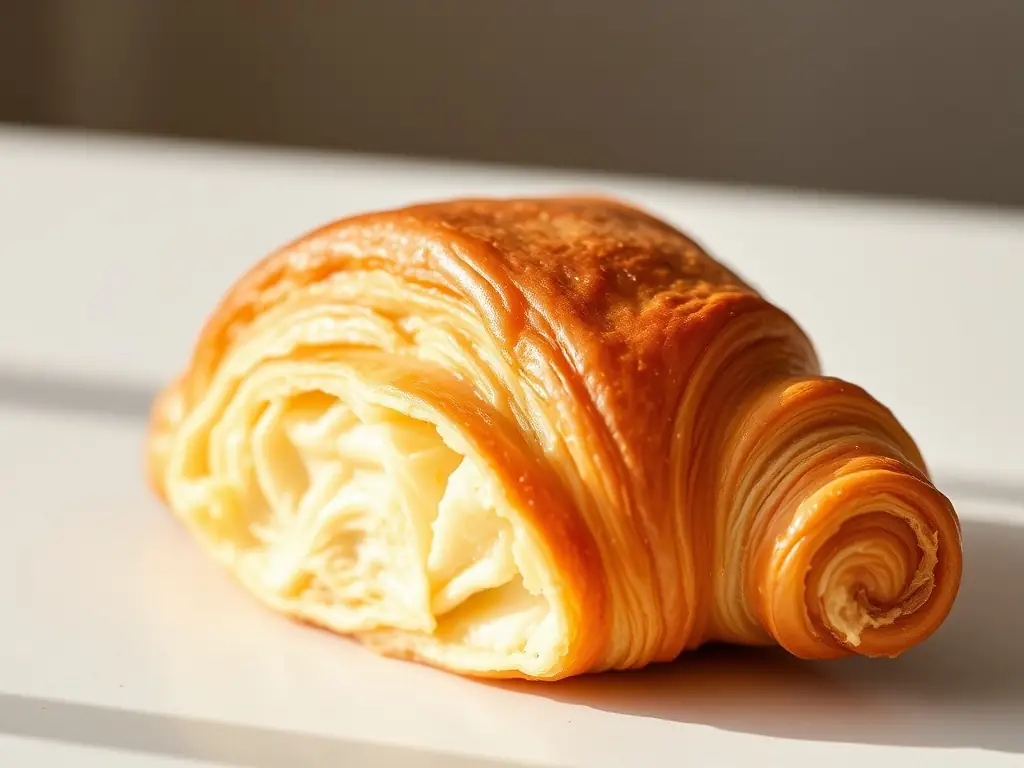 Close-up of a flaky, golden croissant on a light surface.