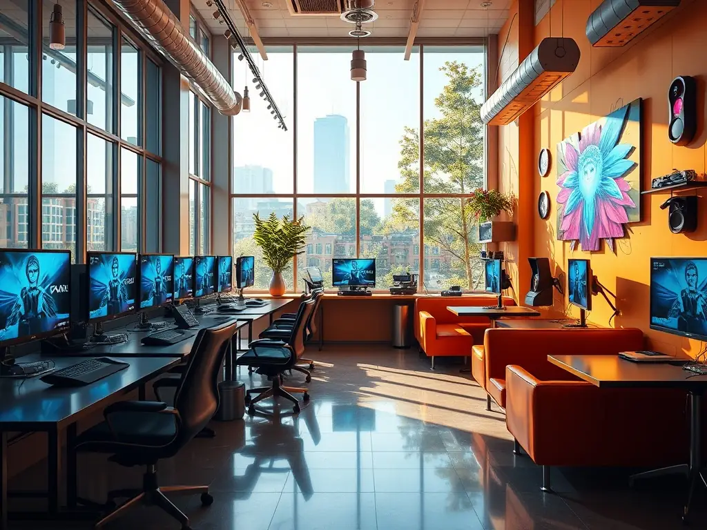 Interior of Byte Haven cyber cafe with modern gaming stations and comfortable seating.