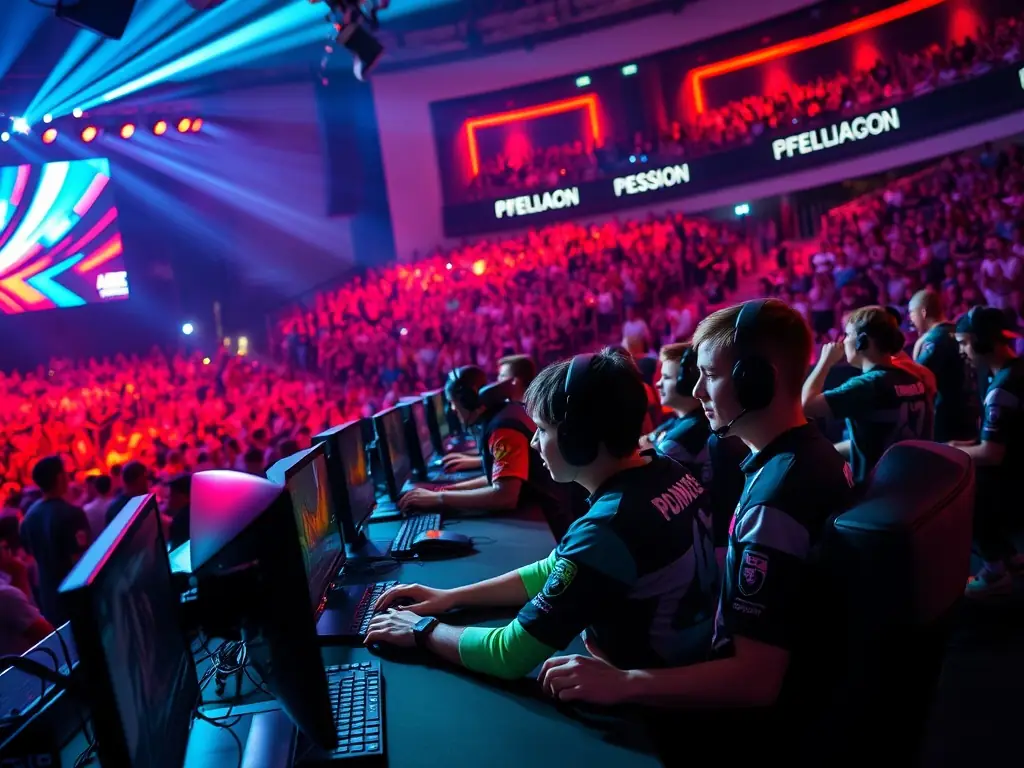 An action-packed image of an esports tournament with players competing on stage.