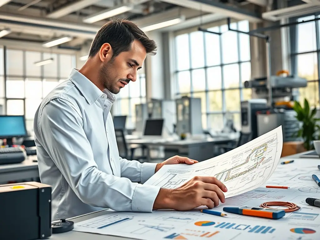 An engineer working on an electrical system design blueprint in a modern office.